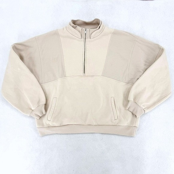 Unbranded Tops - Quarter Zip Paneled Fleece Sweatshirt Mock Neck Oversized Beige Cream Women